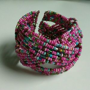 Pink, green & blue beaded braided cuff bracelet